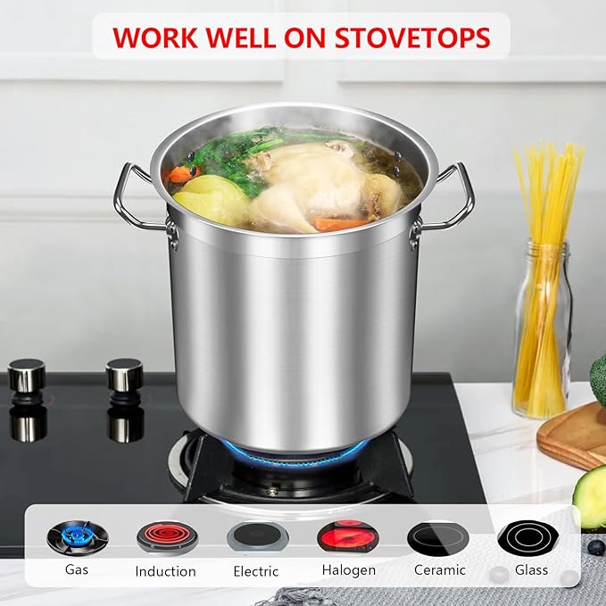 Large Stock Pot 20 Quart - Commercial Grade Soup Pot With Glass Lid - Nickel Free Stainless Steel Cookware - Healthy Polished Stockpots - Heavy Duty Induction Pots