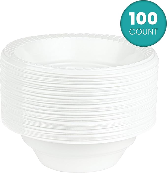PLASTICPRO Round Plastic Bowls Microwaveable, Disposable, White, Dinnerware (100, 16 ounce)