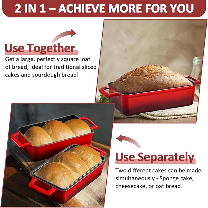 Leonyo 9 x 6 inch Cast Iron Loaf Pan with Lid, 2-in-1 Enameled Sourdough Baking Pan, Homemade Bread Dutch Oven for Pound Cake, Lasagna, Up to 500℉ & Red