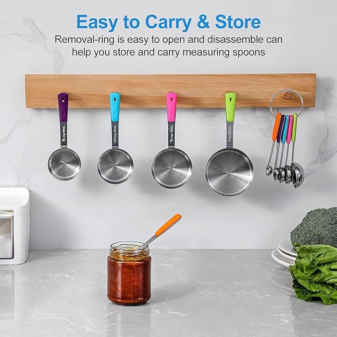 Measuring Cups and Spoons Set, Stainless Steel 12 Piece for Cooking and Baking (7 Cups + 5 Spoons, Colorful Handles)