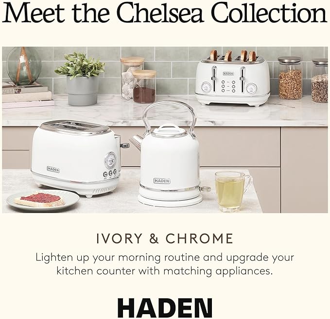 Haden Chelsea 2 Slice Wide Slot Toaster with Adjustable Browning Control, Ivory & Chrome