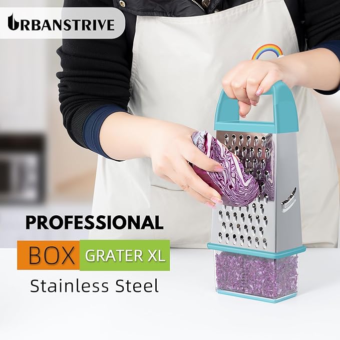 Urbanstrive Cheese Grater With Container, Professional Cheese Grater with Handle, Stainless Steel Graters for Kitchen Handheld, Box Grater with 4 Sides for Vegetables, Ginger, Potatoes (Blue)