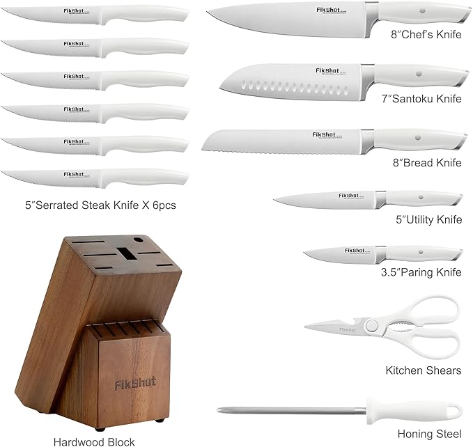Knives Set for Kitchen, FIKSHOT 14PCS Kitchen Knife Set with Block, High Carbon Stainless Steel Full Tang Knife Sets Razor-Sharp Blade Professional Chef's Knife for Housewarming (WHITE)