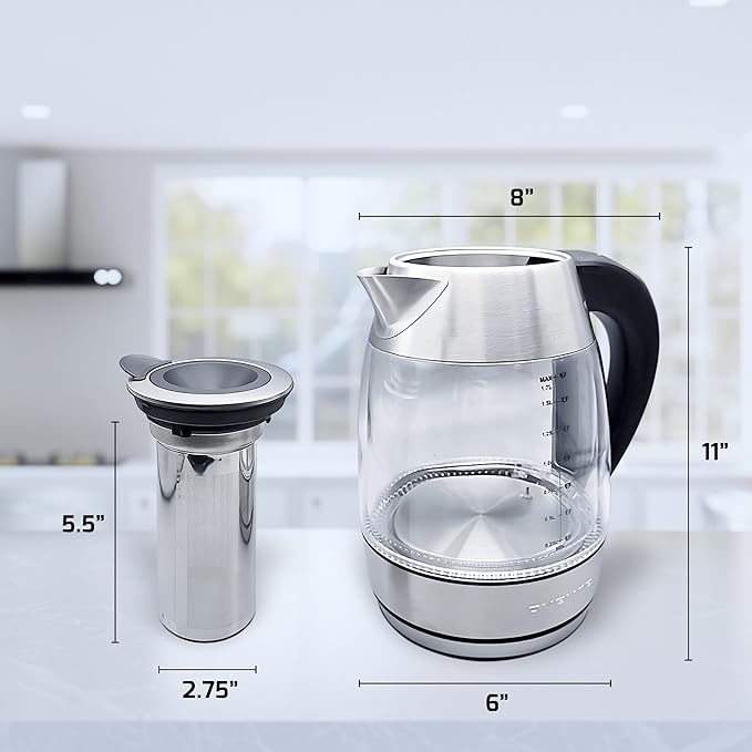 OVENTE Electric Tea Kettle with Temperature Control, Removable Tea Infuser, Easy to Fill Lid, Keep Warm Function, Auto Shut-Off, 1.7L Double Wall Borosilicate Glass, Stainless Steel Base, Silver KD68S