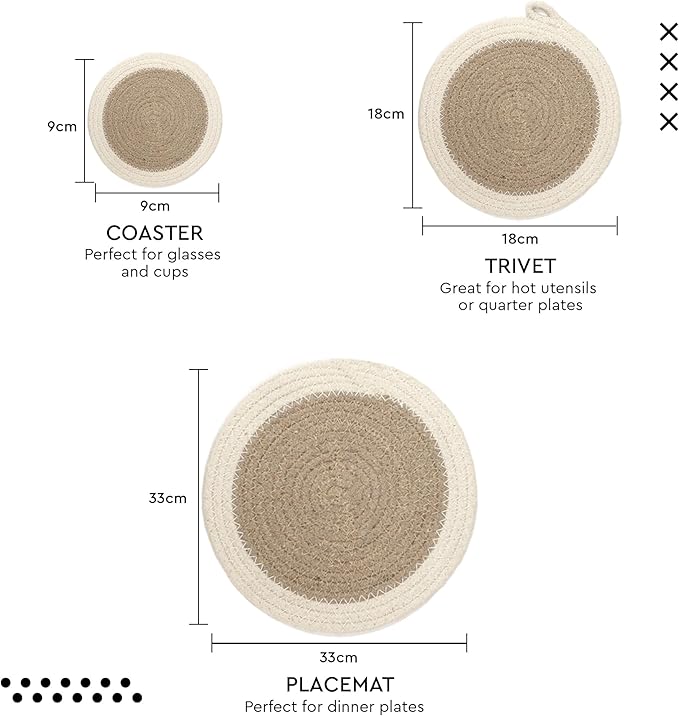 Encasa XO Round Trivet Mats For Hot Dishes with Hanging Loop | Beige Combo - Set of 6 with 7 inch Diameter | Cotton Round Thick Heat Resistant Pot Holders | Use Hot Pads Plate Mats For Hot Pots & Pans