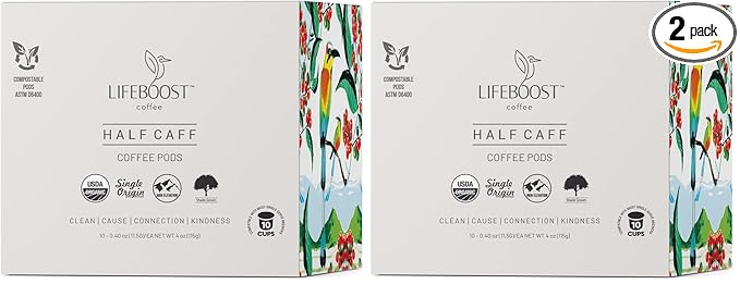 Lifeboost Half Caff Coffee K Cups - Low Acid Half Caff Coffee Pods - Single Origin Non-GMO Mold Free Pods Compatible with Keurig & Keurig 2 - No Mycotoxins or Pesticides - 10 Count (Pack of 2)