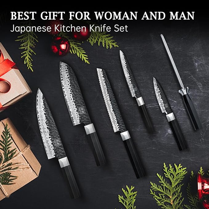 SHAN ZU 7-Piece Japanese Knife Set - 7 Layers 10Cr15MoV High Carbon Steel Kitchen Knifes Set with Block and Sharpener,Ultra-Sharp Chef Knife Set with G10 Handle