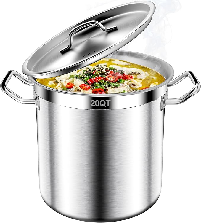 Large Stock Pot-20QT Stainless Steel Stockpot with Lid, Heavy Duty Tri-Ply Bottom Commercial Grade Stock Pot & Stockpots for Boiling Cooking Soup Stew Canning Cooking Pots,Big Stockpot, Deep Cookware