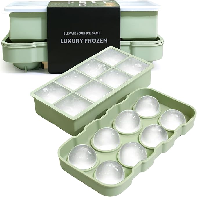 Large Ice Cube Trays Perfect for Whiskey and Summer Drinks - Space Black, Italian Design - 2 Pack (16 x Ice Cubes | Square and Round | XL) - Cosvino - Removable Lid, Easy Release (Olive Green)
