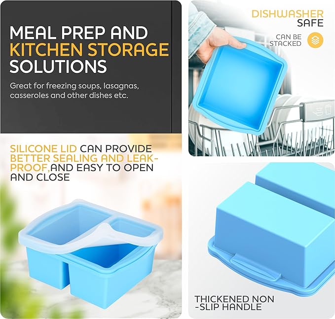 Silicone Freezer Trays with Lids, Set of 4 - with 1cup and 2 cup Silicone Freezer Molds for freezing soups, sauces and individual microwave safe
