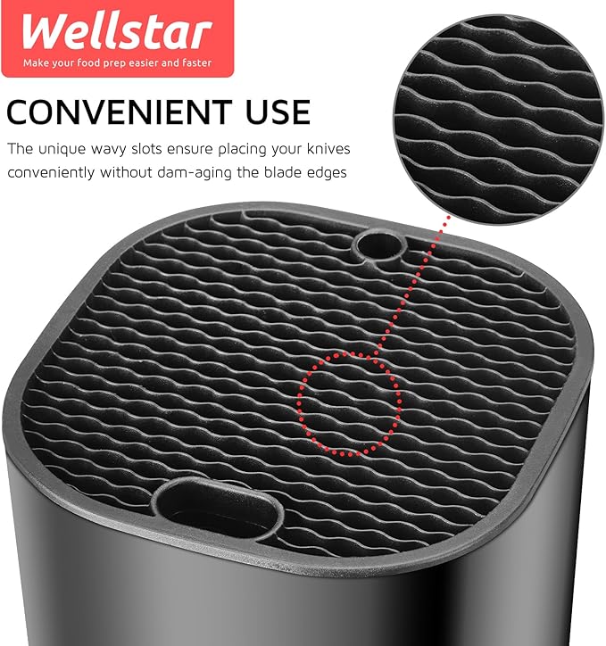 Universal Knife Block for Kitchen, WELLSTAR Knife Holder without Knives, Safe Space Saver Large Volume Stable Knife Storage with Scissors and Sharpening Rod Slot, Detachable for Easy Cleaning - Black