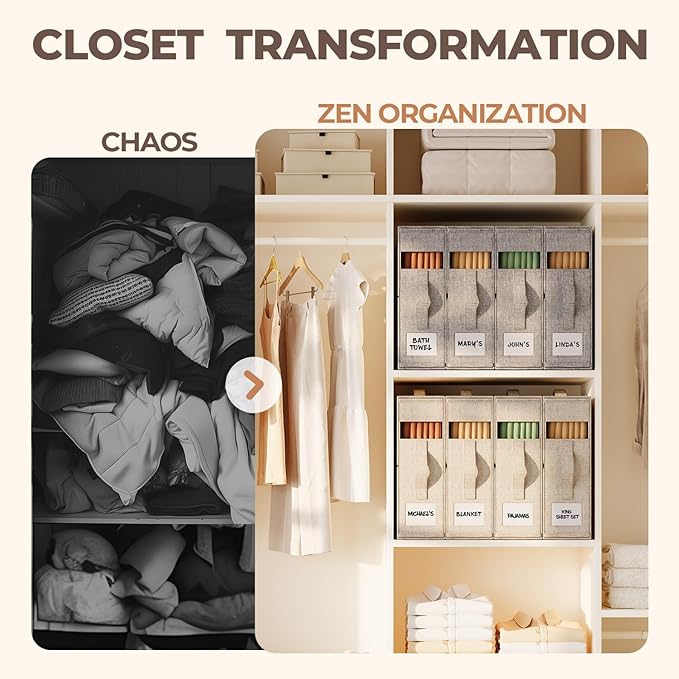 6Pack Sheet Organizers and Storage - King/Queen Size Sheet Storage Organizer with Window, Foldable & Dustproof Sheet Organizer for Linen Closet for Summer Blankets & Sheet Sets,Beige