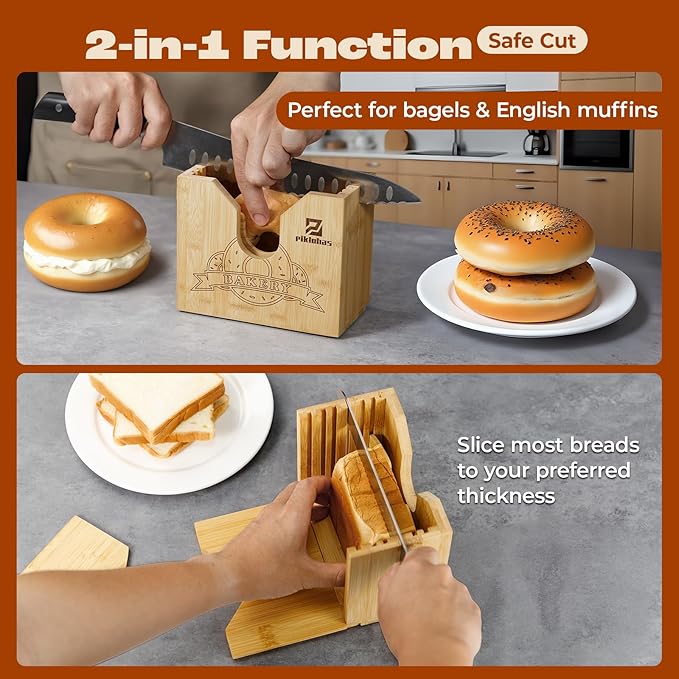 2025 Upgrade Bagel Slicer, Bamboo Bagel Cutter for Small and Large Bagels, Bread Slicer for Buns, English Muffins, 2 Adjustable Thickness, Anti-slip Mat, Ideal for Gift (No Knife)