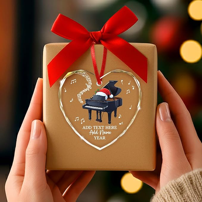 Customized Text Name & Year Piano Christmas Glass Ornament, Piano Lover Christmas Ornaments 2025, Personalized Pianist Xmas Tree Ornament, Musical Instrument Xmas Decor Gift for Son Daughter