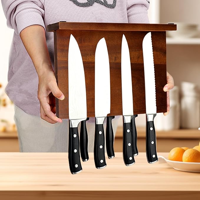 Magnetic Knife Block Double Sided Magnetic Knife Holder Rack with Strong Enhanced Magnets Acacia Wood Magnetic Knife Storage Stand (Acacia Wood)