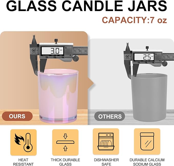 Thick Candle Jars for Making Candles 16 Pcs, 7 OZ Empty Jars with Wood Lids for Candle Making, Sample Container, Glitter Pink