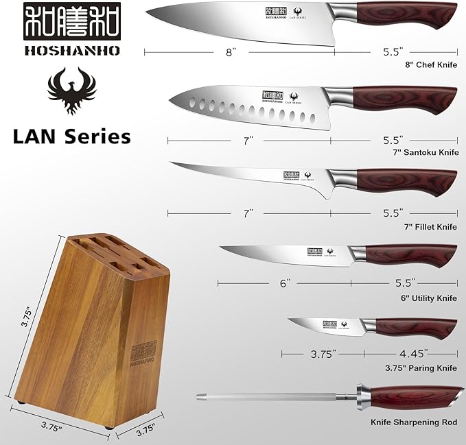 HOSHANHO 7-Piece Knife Set with Block - High-Carbon Stainless Steel Kitchen Knife, Ultra Sharp Professional Chef Knives with Sharpener