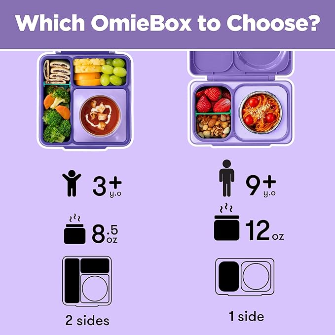 OmieBox Bento Box for Kids - Insulated Bento Lunch Box with Leak Proof Vacuum Insulated Food Jar - 3 Compartments, Two Temperature Zones (Purple Plum)
