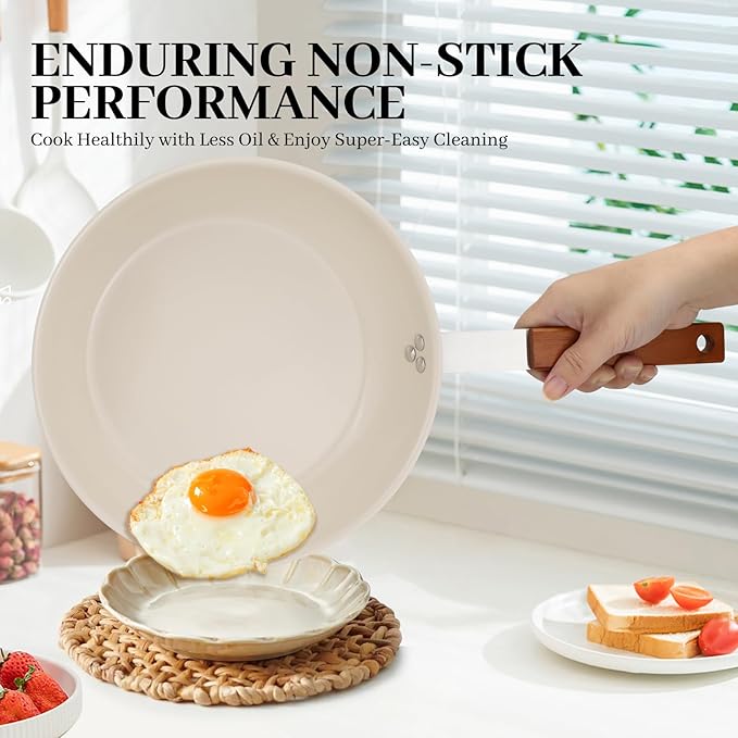 MARSKITOP 9.5" Stainless Steel Frying Pan Skillet with Healthy Ceramic Nonstick Coating and Wooden Handle - Non Toxic and PFAS Free - Compatible with All Cooktops