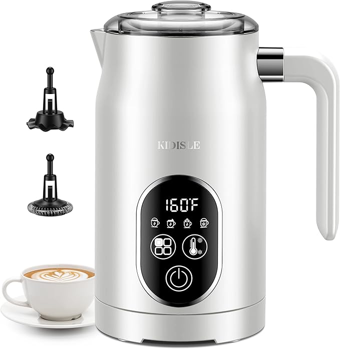 Milk Frother and Steamer 4 in 1, Milk Steamer with Auto Temperature Control, Warm & Cold Foam Maker, Hot Chocolate Maker, Frother for Coffee, Latte, Cappuccino, White