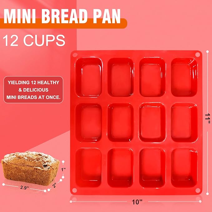 Walfos Silicone Mini Loaf pan, 12 Cavities Mini Bread Pan Brownie Pan, Food Grade & Non-stick, Ideal For Mini Bread, Brownie, Cornbread, Cheesecake & Chocolate, Set of 2