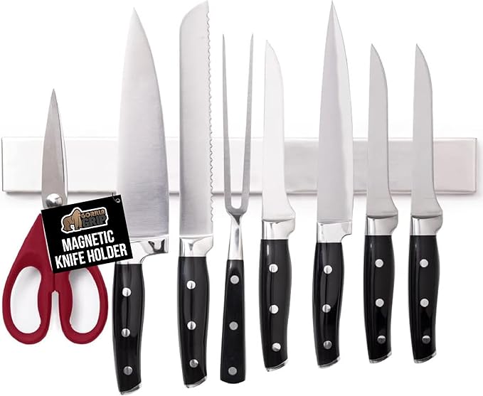 GORILLA GRIP Stainless Steel Magnetic Knife Holder for Wall, Multi-Purpose Magnet Bar for Knives, Tools, Art Supplies, Heavy Duty Strip Holds Up to 6 lbs, Kitchen Organizer, 12 Inch, Drilling Required