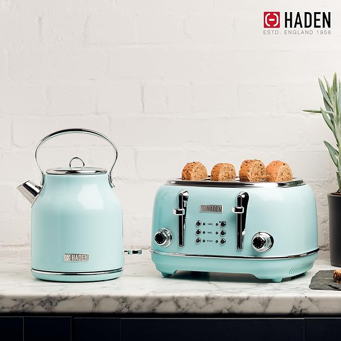 Haden Heritage 1.7 Liter Stainless Steel Electric Tea Kettle with Heritage 2 Slice Wide Slot Stainless Steel Bread Toaster, Turquoise