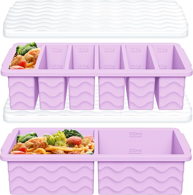 2-Pack Silicone Freezer Trays with Lid, 2 Large 2-Cup(500ml) & 6 Small 1/2-Cup(125ml) Soup Freezer Container Molds, Ice Cube Tray For Meal Prep & Freezing Soup, Stews, Sauces, Oven & Dishwasher-Safe