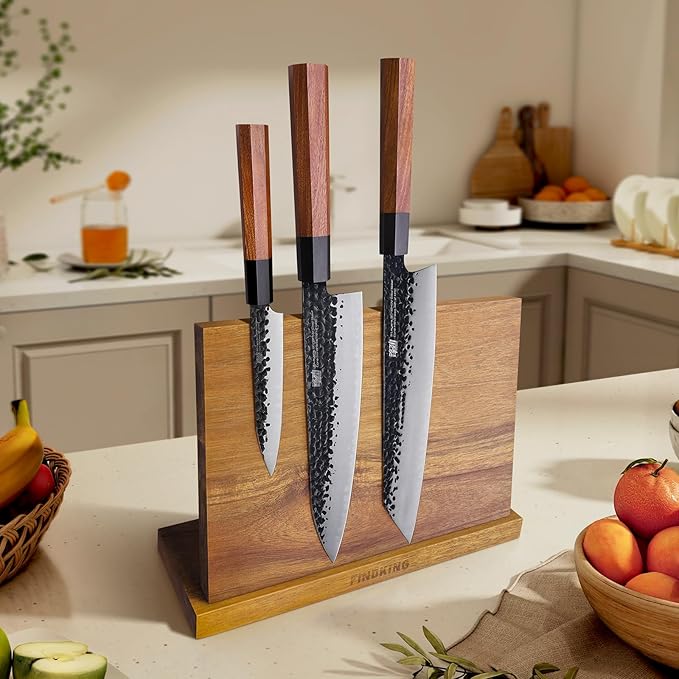 FINDKING Magnetic Knife Block, Teak Wood Utensils Holder, Strong Magnet Stand for Kitchen Counter (10.8 x 8 Inches, Without Knives)
