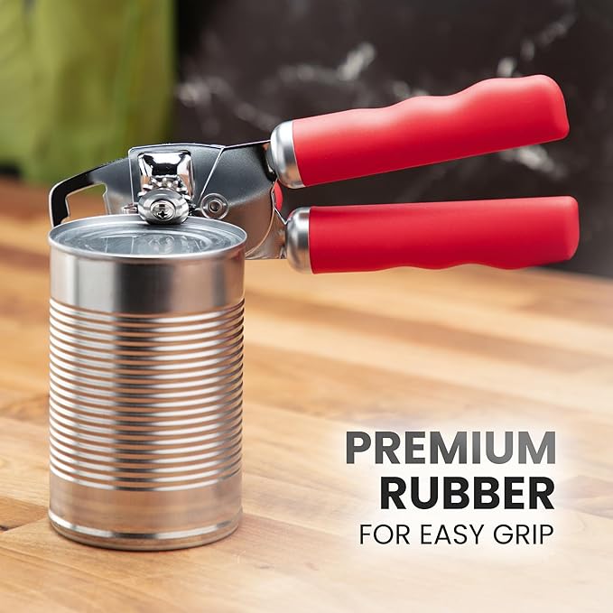 Zulay Kitchen Heavy Duty Stainless Steel Can Opener Manual with Bottle Opener - Rust Proof Manual Can Opener With Turn Knob & Comfy Soft Grip Handles - Cherry Red