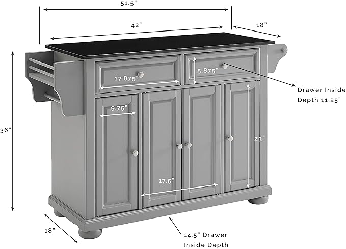 Crosley Furniture Alexandria Granite Top Rolling Kitchen Island Storage Cart, Microwave Stand, Spice Rack, Gray