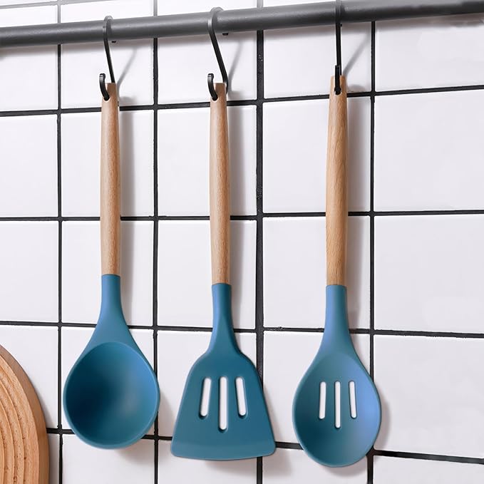 Silicone Kitchen Cooking Utensils Set 5Pcs Non-Stick Silicone Kitchen Utensils Set Spatula Spoon Turner Ladle with Wooden Handle, Heat Resistant Cooking Gadgets for Nonstick Cookware BPA-FREE