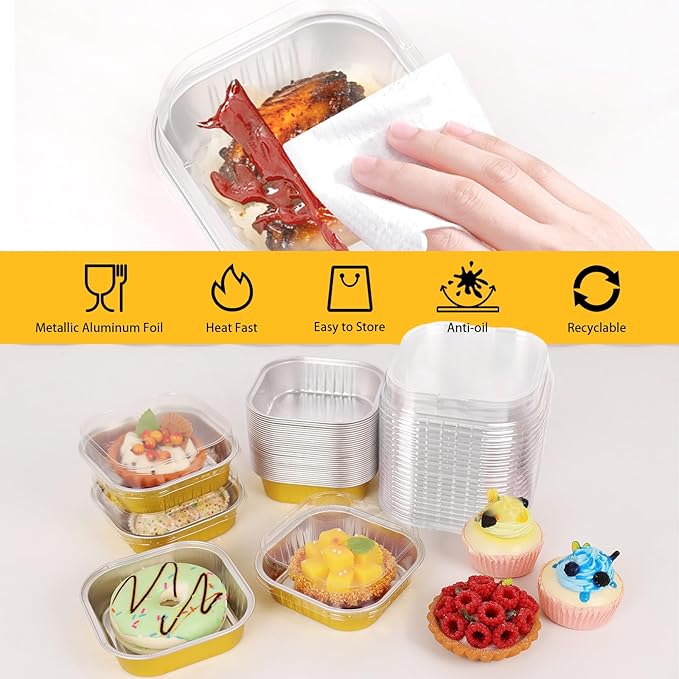 FORBFAN 150 Pack Mini Cake Pans with Lids and Spoons, 8 oz Aluminium Foil Square Brownie Baking Cups, Disposable Ramekins Cupcake Tins Gold