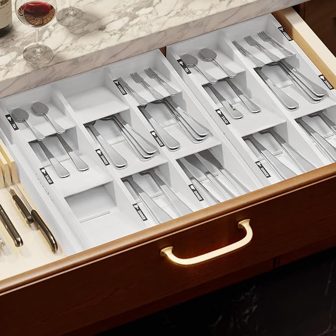 SpaceAid Bamboo Silverware Drawer Organizer with Labels, Kitchen Utensil Tray Holder Organizer for Flatware, Cutlery, Spoon and Knives Drawer Storage Organization (White, 6 Slots)