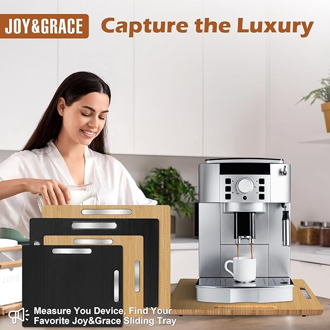Joy&Grace Appliance Slider for Kitchen Appliances 360° Rolling Sliding Tray for Coffee Maker Countertop, Bamboo Coffee Pot Slider Rolling Tray (Natural, Medium 14.5" x 10")