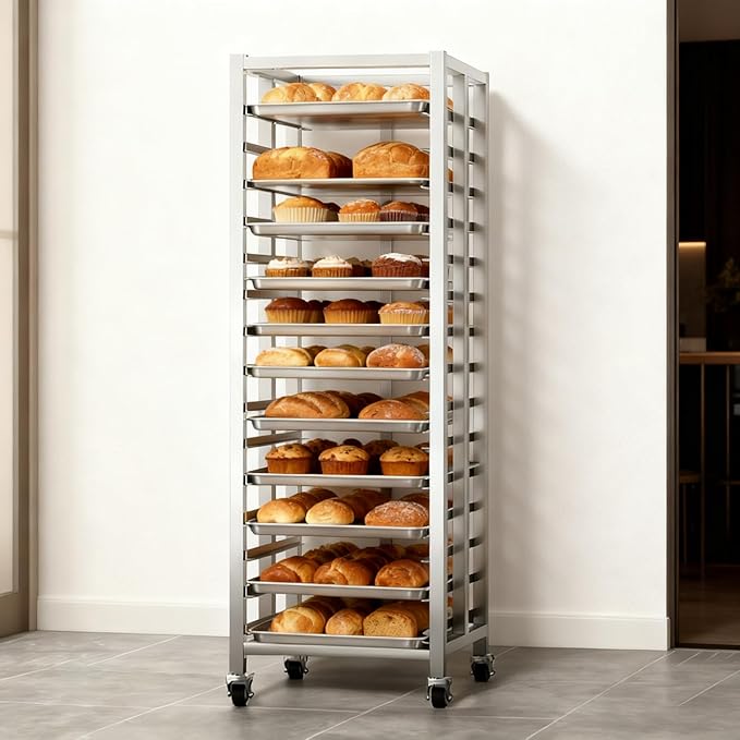 Bun Pan Rack, Commercial Bakery Sheet Rack with Brake Wheels, 15-Tier Stainless Steel Baking Tray Food cart ，for Bakeries Restaurant & Catering（Trays Not Included） ﻿ (15 Tier)