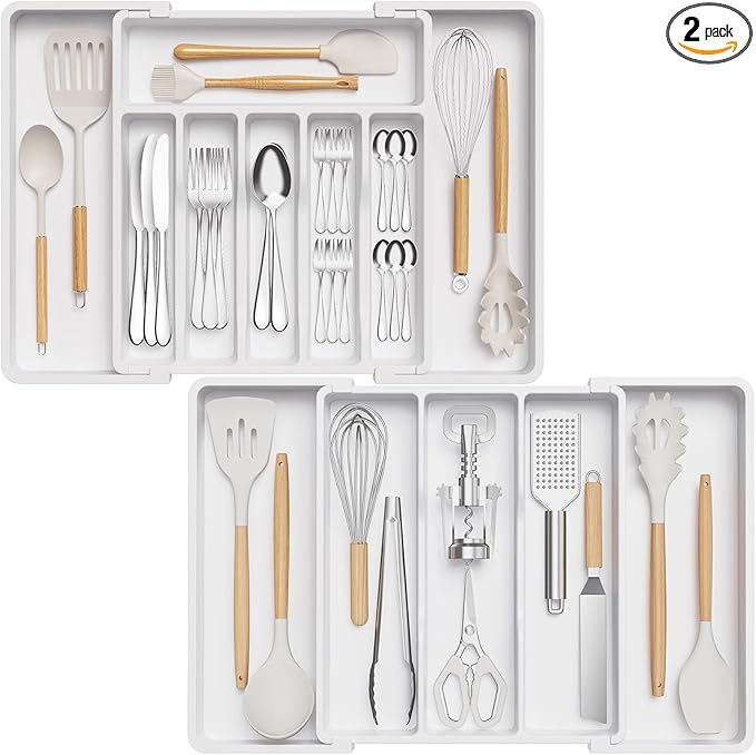Lifewit Silverware Drawer Organizer and Utensil Organizer Set, Expandable Cooking Cutlery Tray for Kitchen, Adjustable Plastic Flatware Holder Storage Divider for Spoons Forks Knives, Large, White