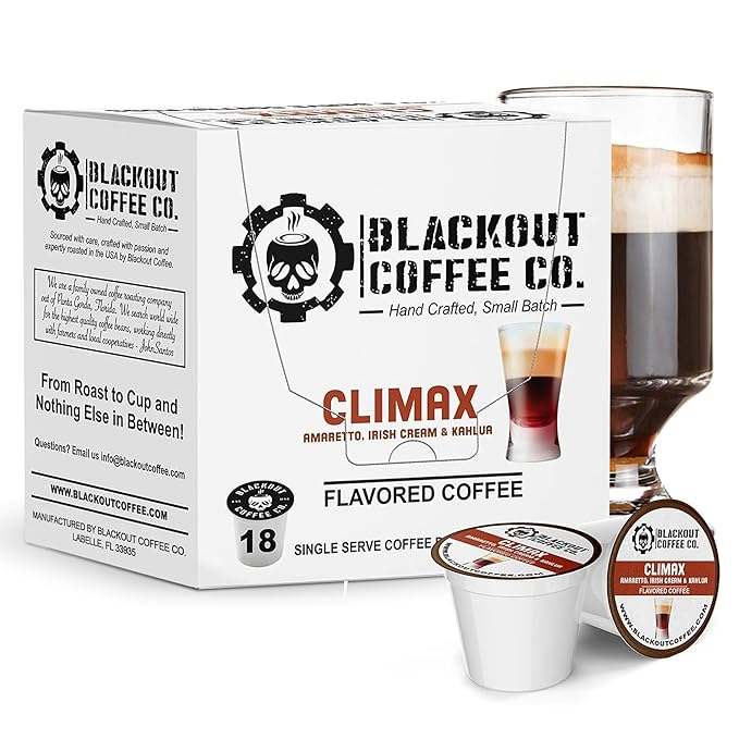 BLACKOUT COFFEE CLIMAX Amaretto, Irish Cream & Kahlua Flavored Coffee Pods – Premium Arabica, Smooth Taste, Guilt-Free Indulgence – 18 Count Single Serve Coffee Pods, American Made