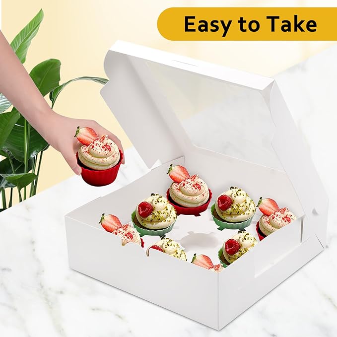 9-Count White Cupcake Boxes with Window and Insert, 9x9x3 Inch, Set of 8, Suitable for Cupcakes, Muffins, and Cookies