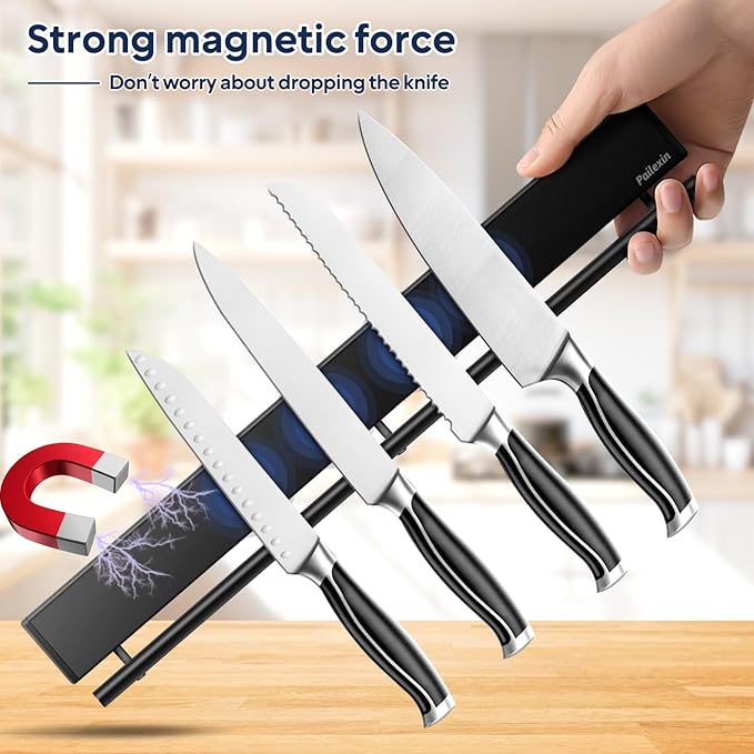 20 inch magnetic knife holder with 10 hooks, No Drilling black knife magnetic strip and utensil hanger for wall, Powerful knife magnet rack include tape and screws