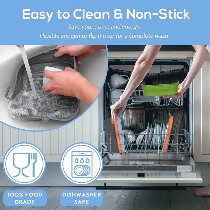 Silicone Air Fryer Liners Square - Reusable Airfryer Collapsible Basket - Easy to Clean Air Fryers Pot for 5.8 to 8 Qt Baking Tray Oven Accessories, 8.5 Inch Large