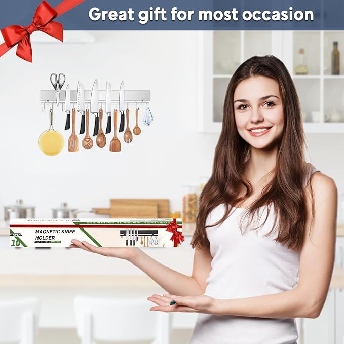 20 inch magnetic knife holder with 10 hooks, no drilling knife magnetic strip, and utensil hanger for wall. Powerful knife magnet rack includes tape and screw