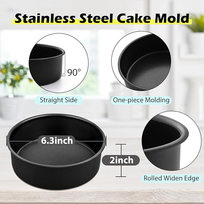 LIANYU 6 Inch Round Cake Pan for Baking, Nonstick Stainless Steel Baking Cake Pan Tin Bakeware for Birthday Wedding Party, Non Toxic Coating, 2 Inch Deep, Dishwasher Safe, Black