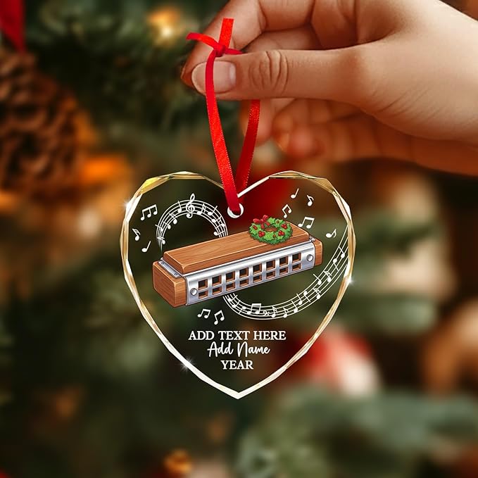 Personalized Harmonica Musical Instrument Glass Ornaments, Harmonica Christmas Tree Ornament 2025, Custom Music Lover Christmas Ornament with Text Name & Year, Keepsake Gift for Music Teacher