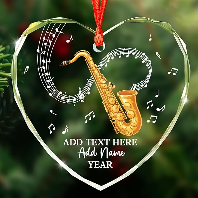 Personalized Saxophonist Christmas Glass Ornament 2025, Saxophone Musical Instrument Ornaments for Xmas Tree, Custom Text Name & Year Saxophone Player Xmas Ornament, Gifts for Music Lovers