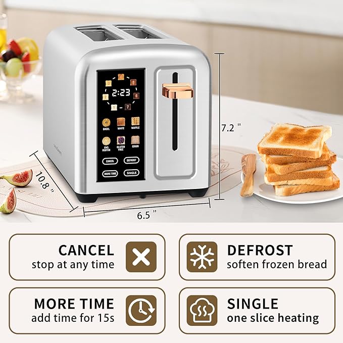 SEEDEEM Toaster 2 Slice, Real Touch Screen with LCD Display, Single-Slice Function, Stainless Steel Toaster, 50% Faster Heating, 1.5" Wide Slots, Removable Crumb Tray, 1350W, Silver Metallic