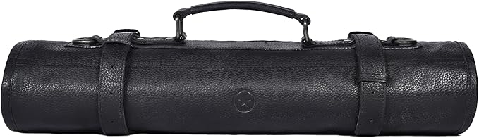 Leather Knife Roll Storage Bag, Elastic and Expandable 10 Pockets, Adjustable/Detachable Shoulder Strap, Travel-Friendly Chef Knife Case (Cerulean Black, Leather)