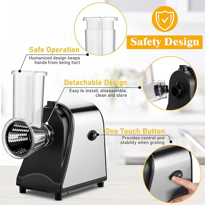 Electric Cheese Grater, Salad Maker With 5 Different Blades, 250W Electric Slicer Shredder for Home Kitchen Use, One-Touch Control Electric Grater for Cheeses, Fruits, Vegetables, BPA-Free