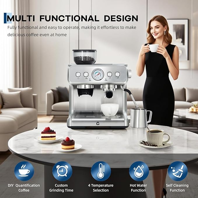 Garvee 20 Bar Pressure Stainless Steel Espresso Machine with Grinder, 2.8L Removable Water Tank, Milk Frother Steam Wand for Latte/Cappuccino - Adjustable Shot Volume, Professional Home/Office Use