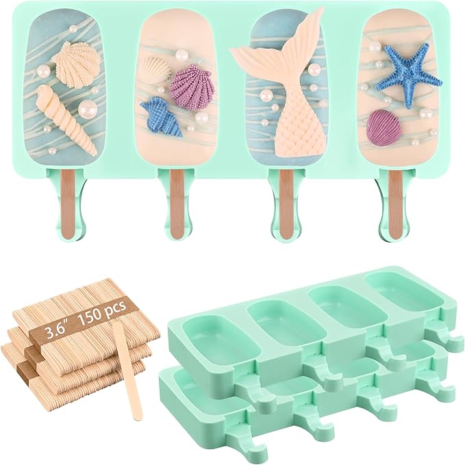 Sakolla Large Silicone Popsicle Molds Set of 3, Oval 4 Cavities Homemade Ice Pop Molds with 150 Wooden Sticks for Ice Cream, Cakesicles, Cake Pop (Green)
